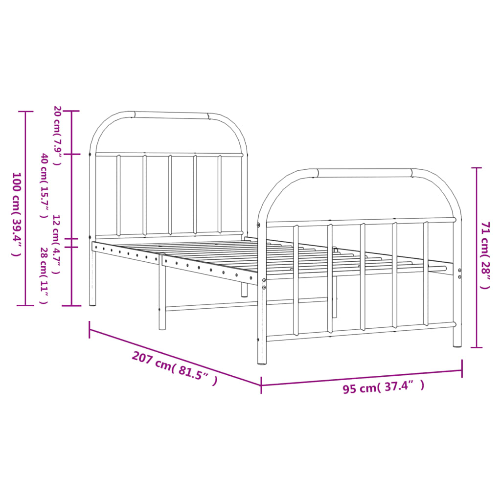 Metal Bed Frame without Mattress with Footboard Black 90x200cm
