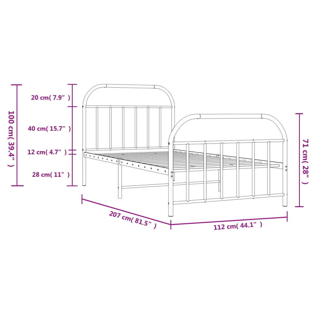 Metal Bed Frame without Mattress with Footboard Black 107x203cm