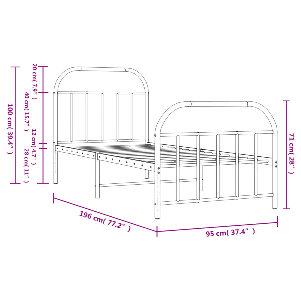 Metal Bed Frame without Mattress with Footboard White 90x190cm