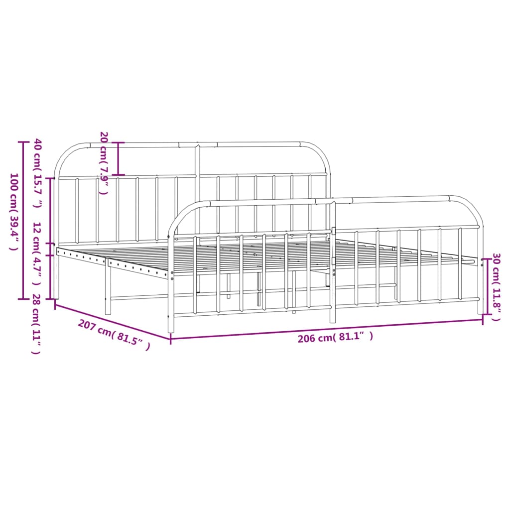 Metal Bed Frame without Mattress with Footboard White 200x200cm