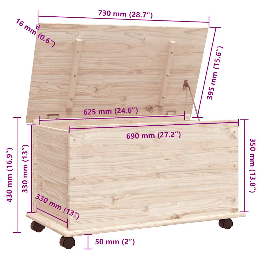 Storage Chest with Wheels ALTA 73x39.5x43 cm Solid Wood Pine