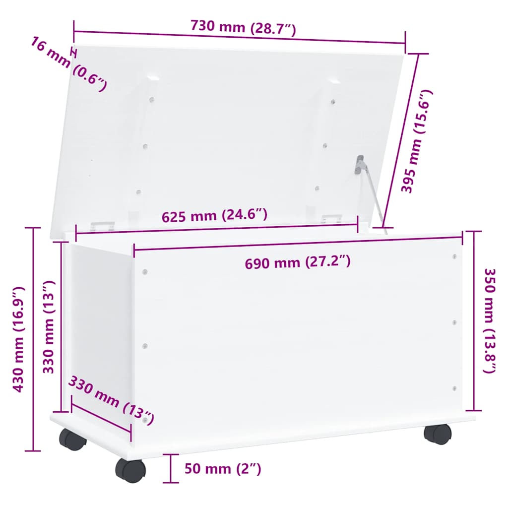 Storage Chest with Wheels ALTA White 73x39.5x43 cm Solid Wood Pine