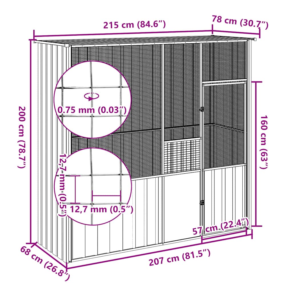 Bird Cage Grey 215x78x200 cm Galvanised Steel