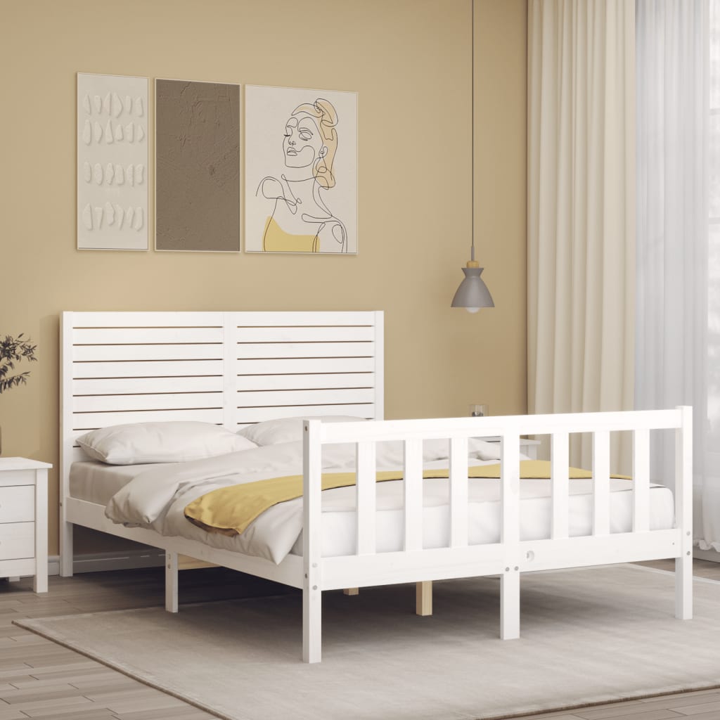 Bed Frame without Mattress White Double Solid Wood Pine