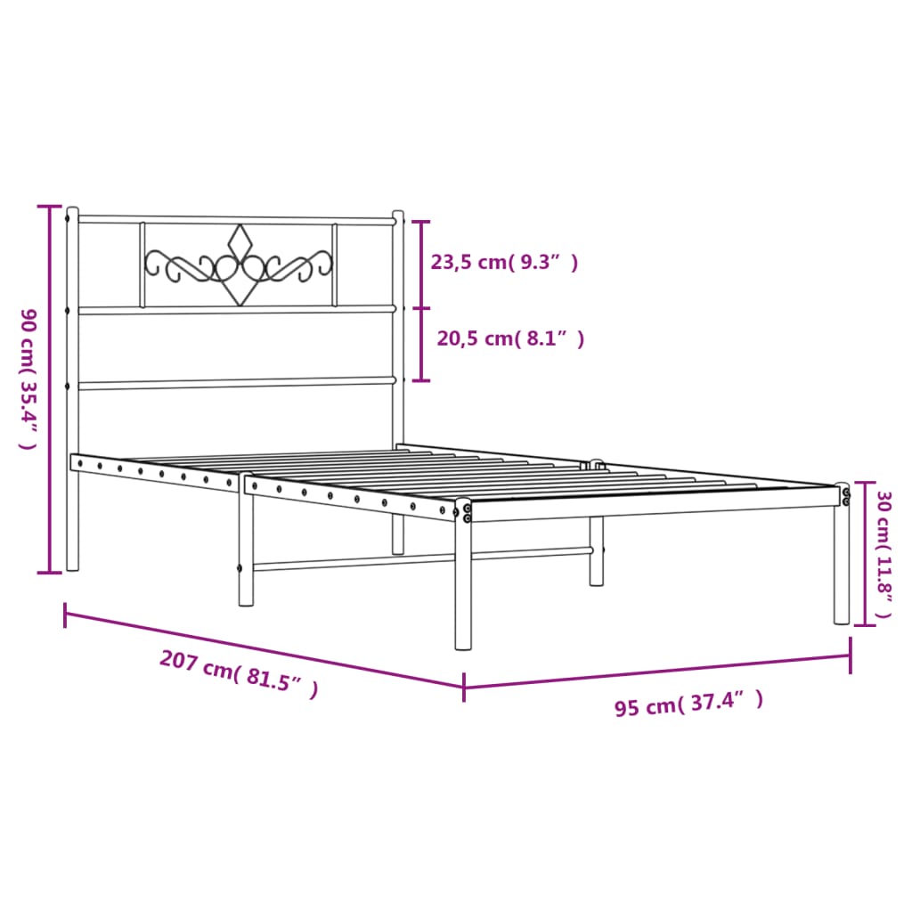 Metal Bed Frame without Mattress with Headboard Black 90x200cm