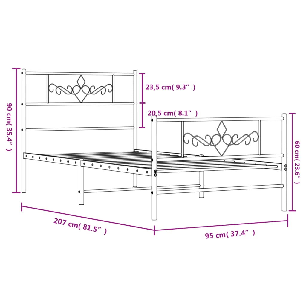 Metal Bed Frame without Mattress with Footboard White 90x200cm