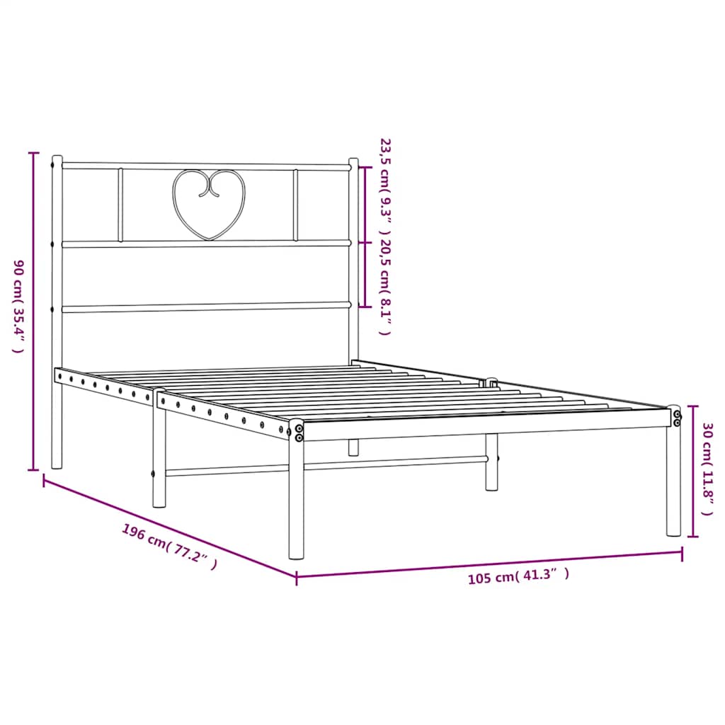Metal Bed Frame without Mattress with Headboard Black 100x190cm