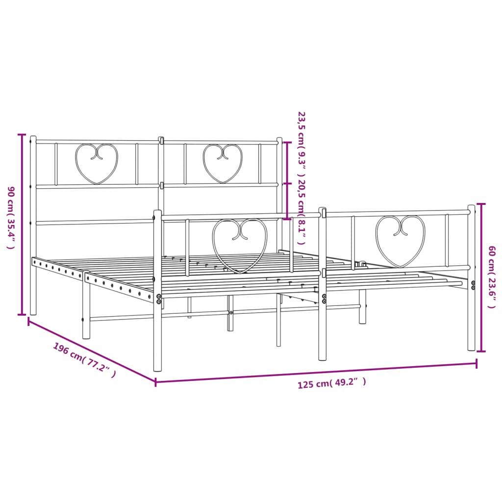 Metal Bed Frame without Mattress with Footboard Black 120x190cm
