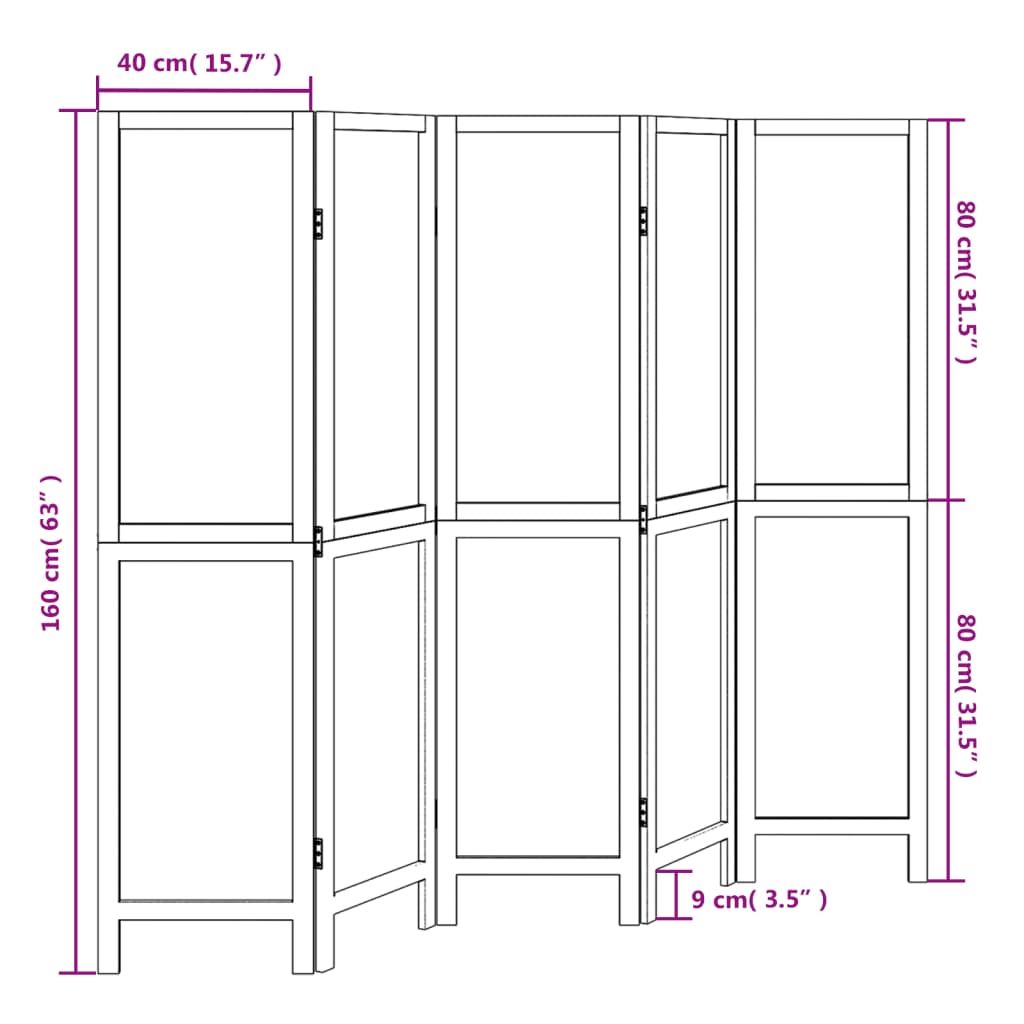 Room Divider 5 Panels Dark Brown Solid Wood Paulownia
