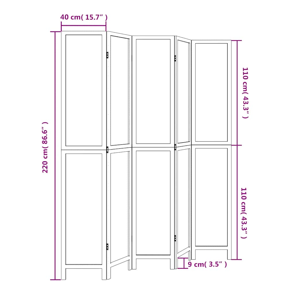Room Divider 5 Panels White Solid Wood Paulownia
