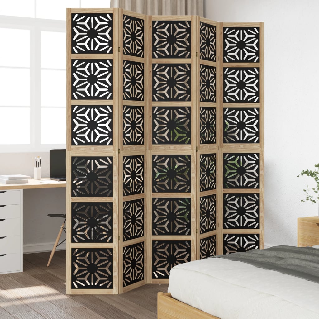 Room Divider 5 Panels Brown and Black Solid Wood Paulownia