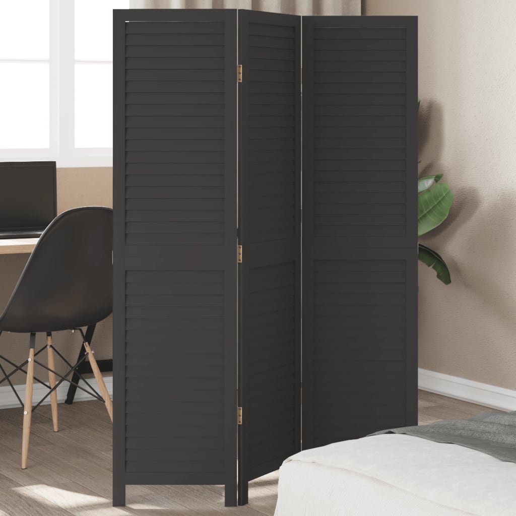 Room Divider 3 Panels Black Solid Wood Paulownia