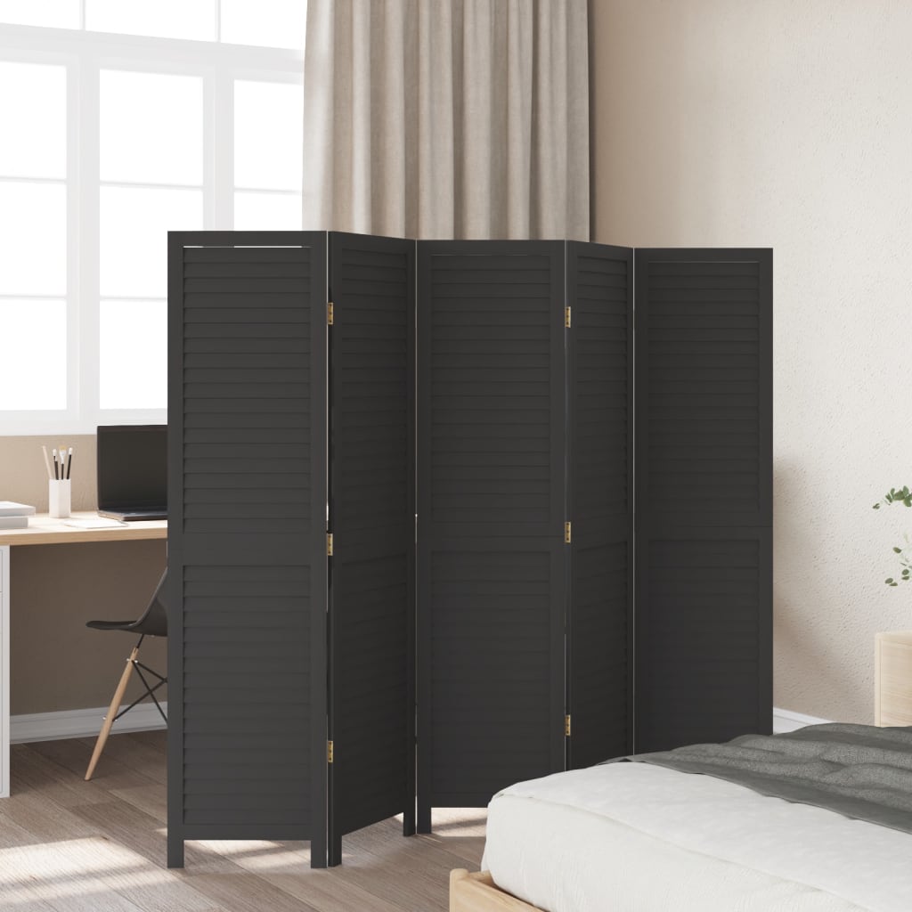 Room Divider 5 Panels Black Solid Wood Paulownia