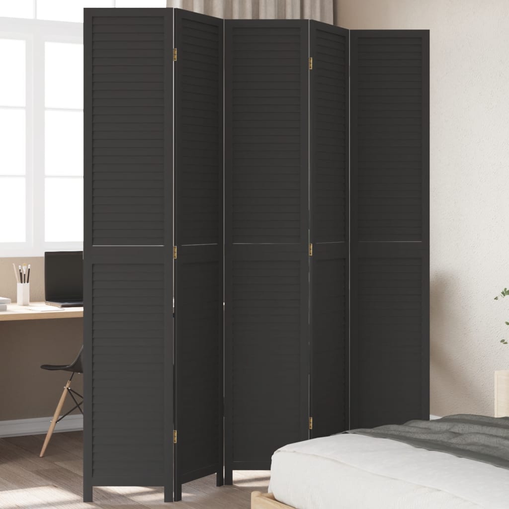 Room Divider 5 Panels Black Solid Wood Paulownia