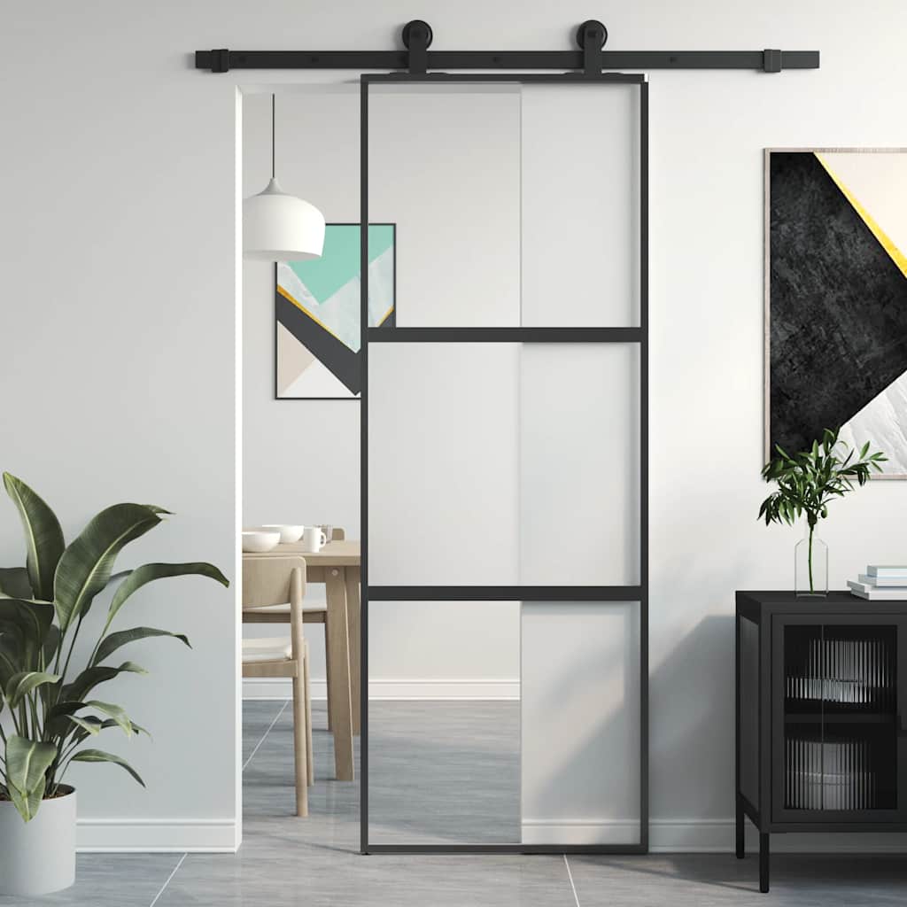 Sliding Door Black 76x205 cm Tempered Glass and Aluminium
