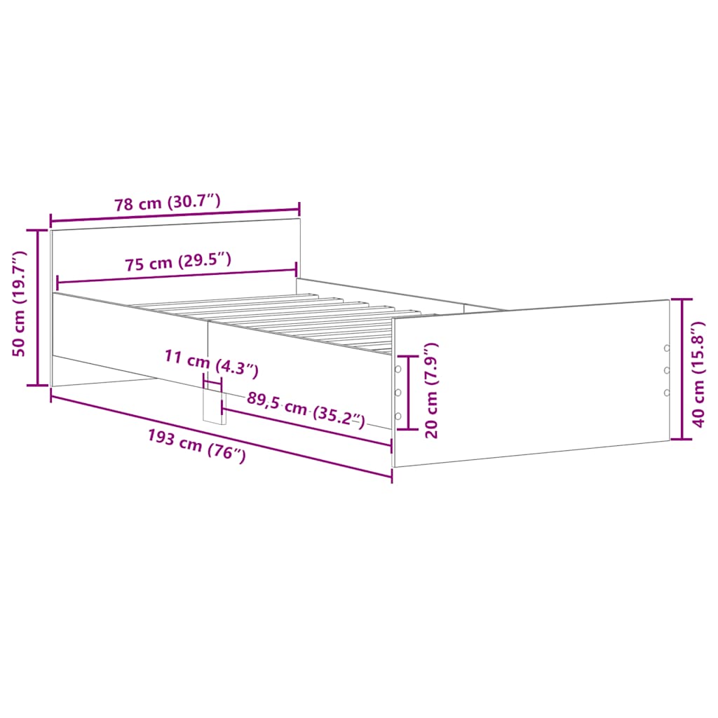 Bed Frame without Mattress Sonoma Oak 75x190 cm Small Single Engineered Wood