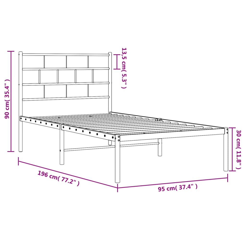 Metal Bed Frame without Mattress with Headboard Black 90x190cm