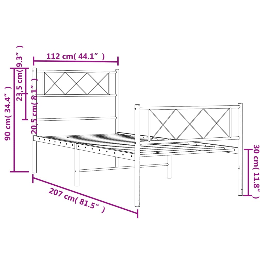 Metal Bed Frame without Mattress with Footboard Black 107x203cm
