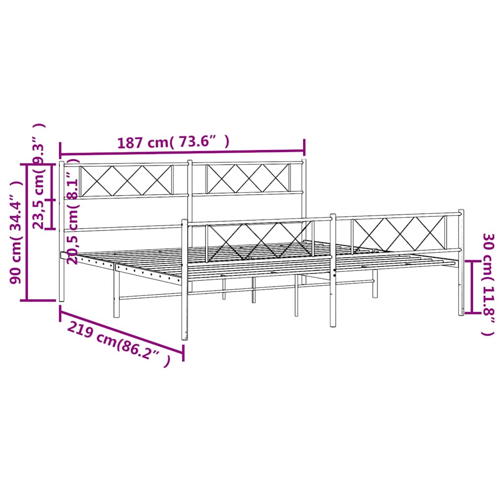 Metal Bed Frame without Mattress with Footboard White 183x213cm
