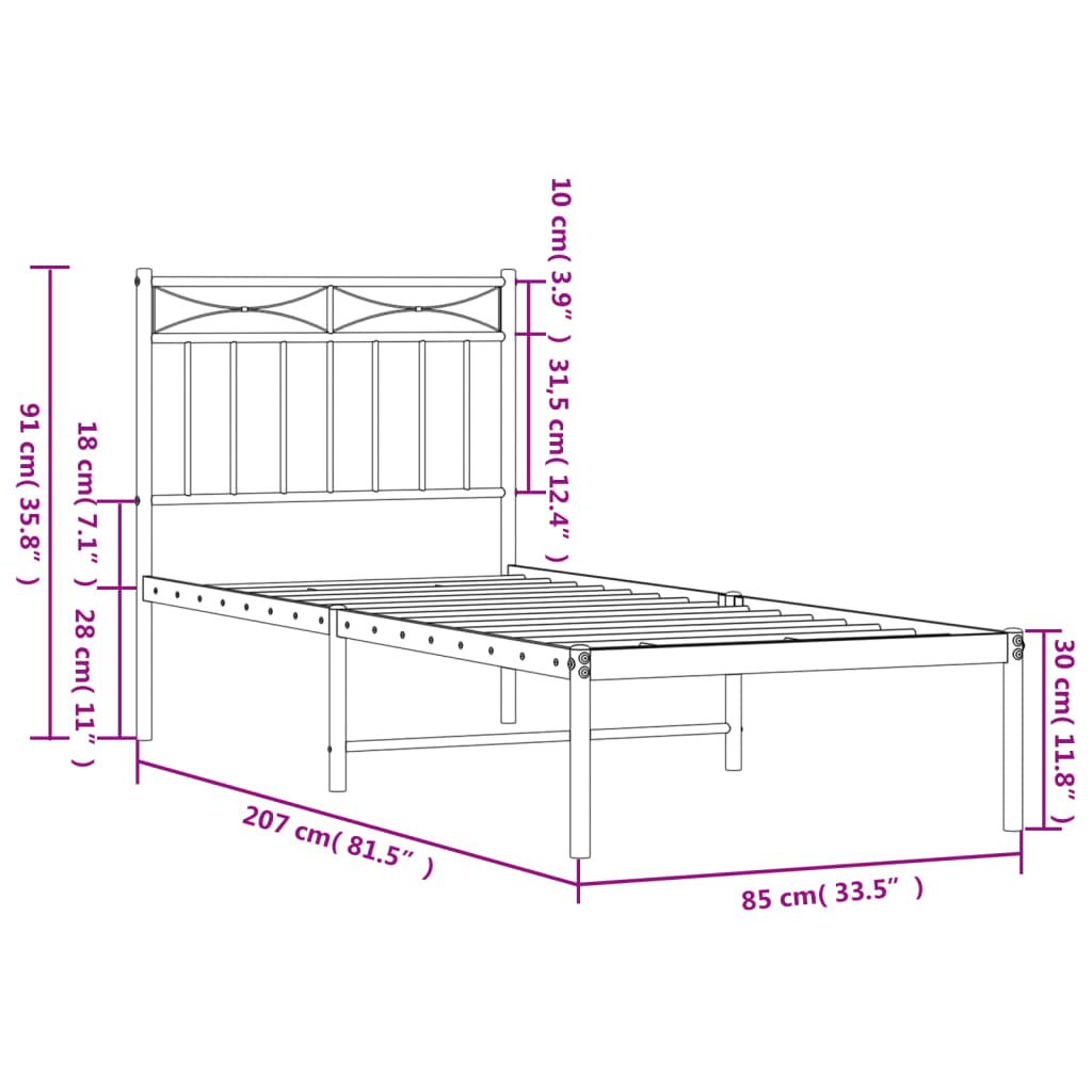 Metal Bed Frame without Mattress with Headboard Black 80x200cm