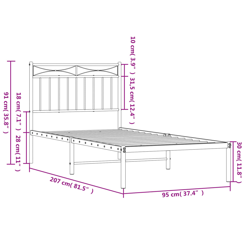 Metal Bed Frame without Mattress with Headboard Black 90x200cm