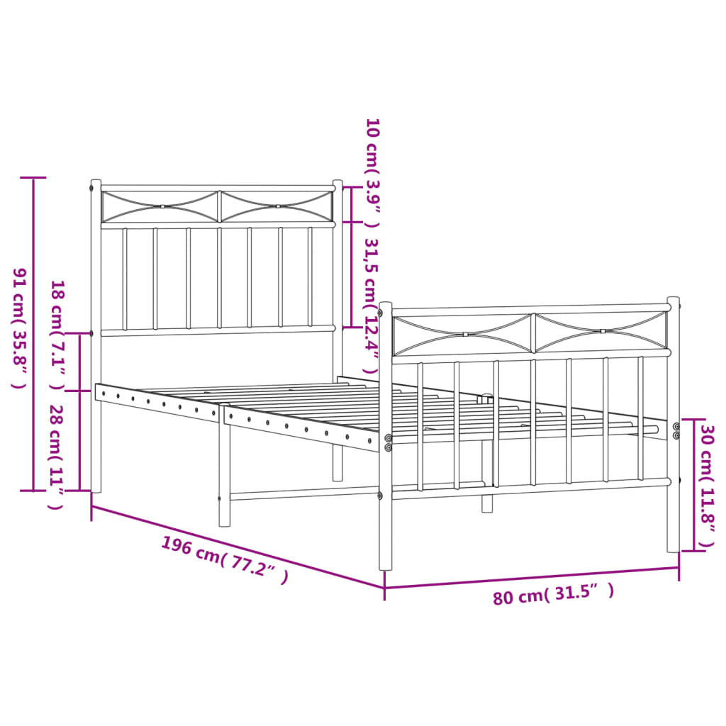 Metal Bed Frame without Mattress with Footboard Black 75x190cm