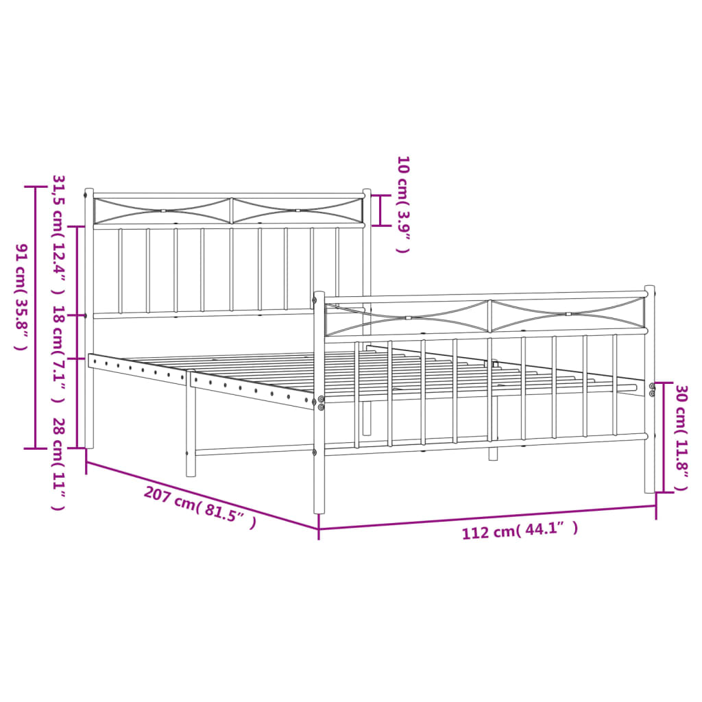 Metal Bed Frame without Mattress with Footboard Black 107x203cm
