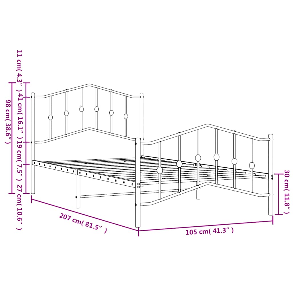 Metal Bed Frame without Mattress with Footboard White 100x200cm