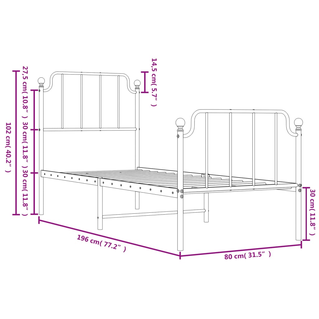 Metal Bed Frame without Mattress with Footboard White 75x190cm