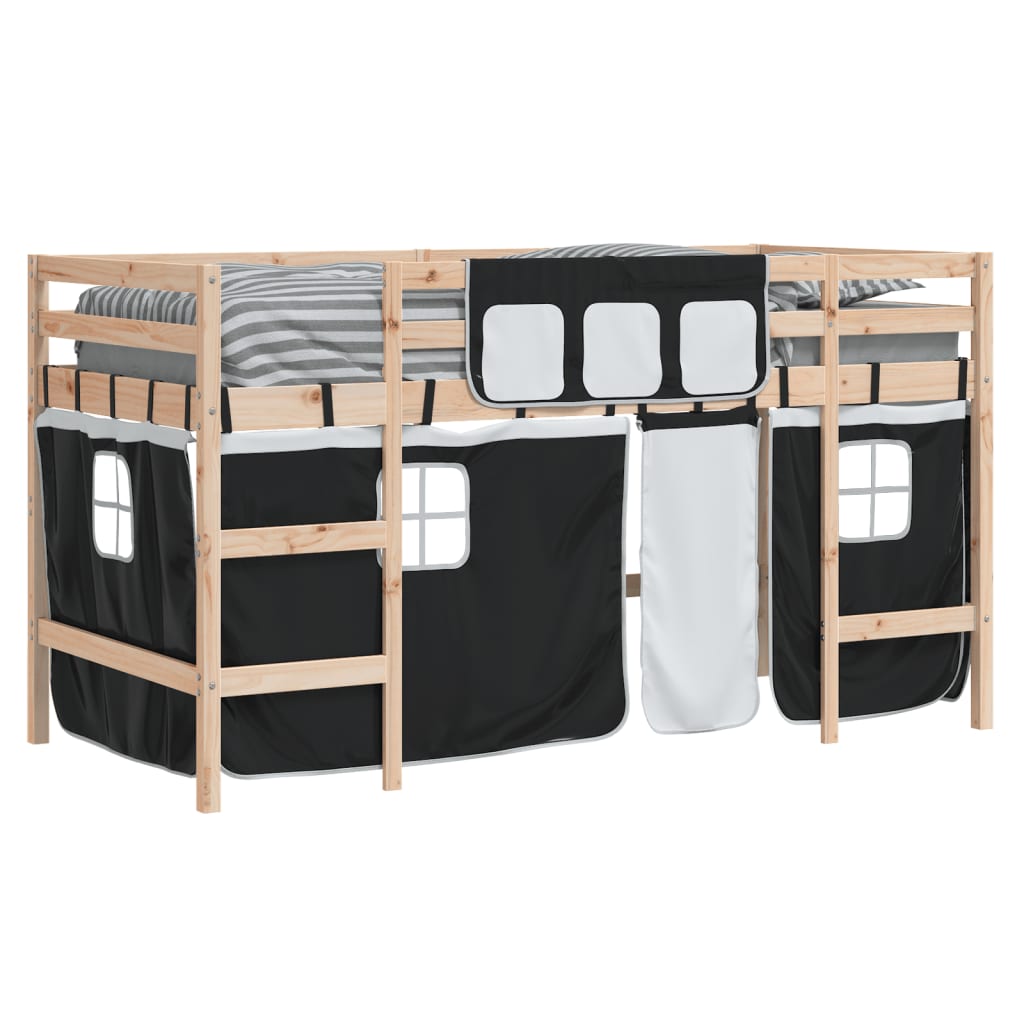 Kids' Loft Bed with Curtains without Mattress White&Black 80x200cm