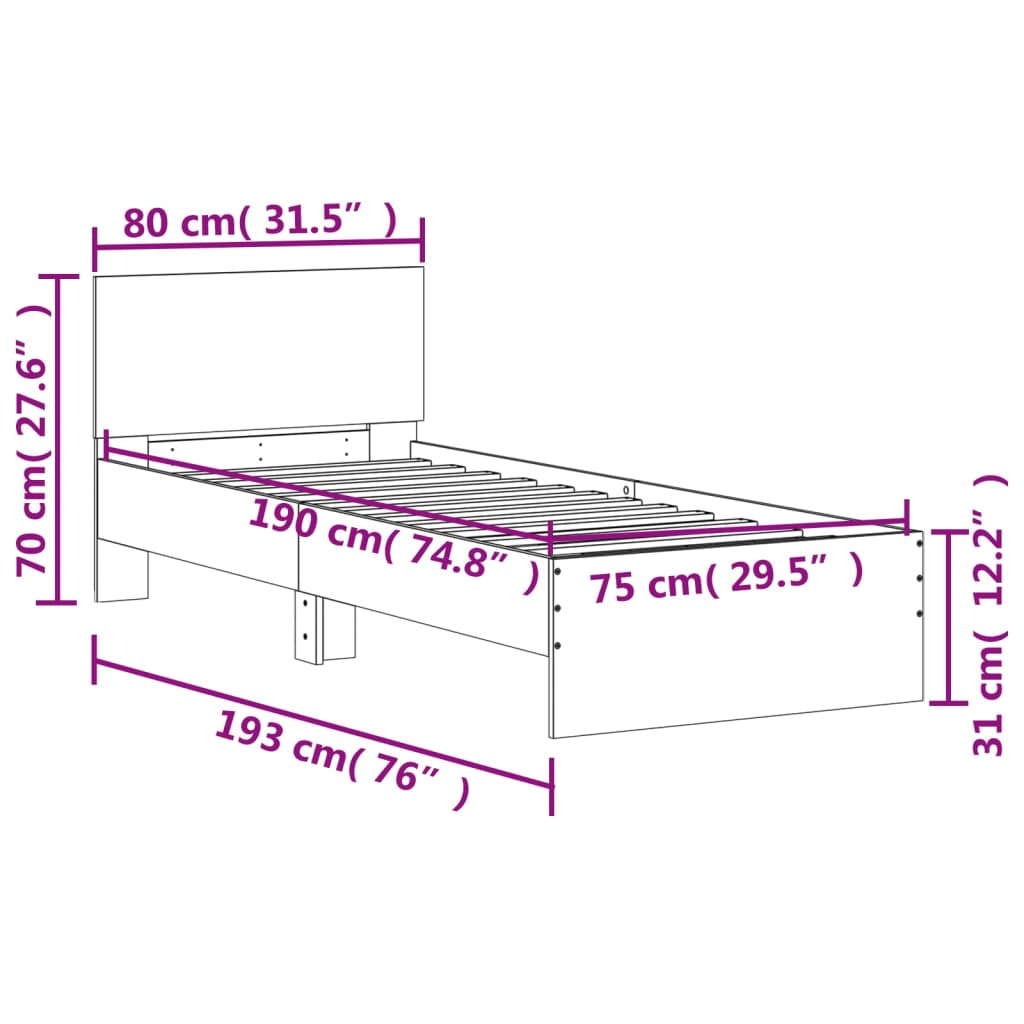 Bed Frame without Mattress with Headboard Concrete Grey 75x190 cm Small Single
