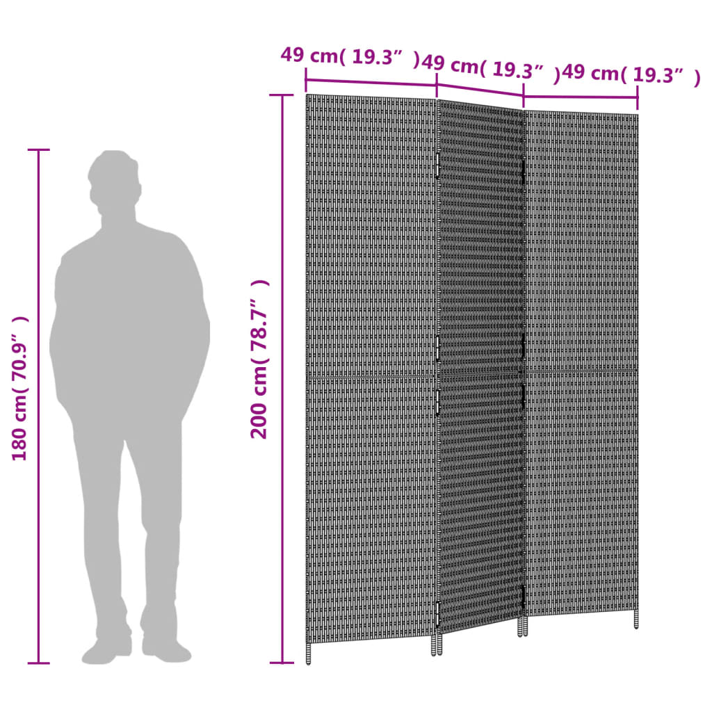 Room Divider 3 Panels Brown Poly Rattan