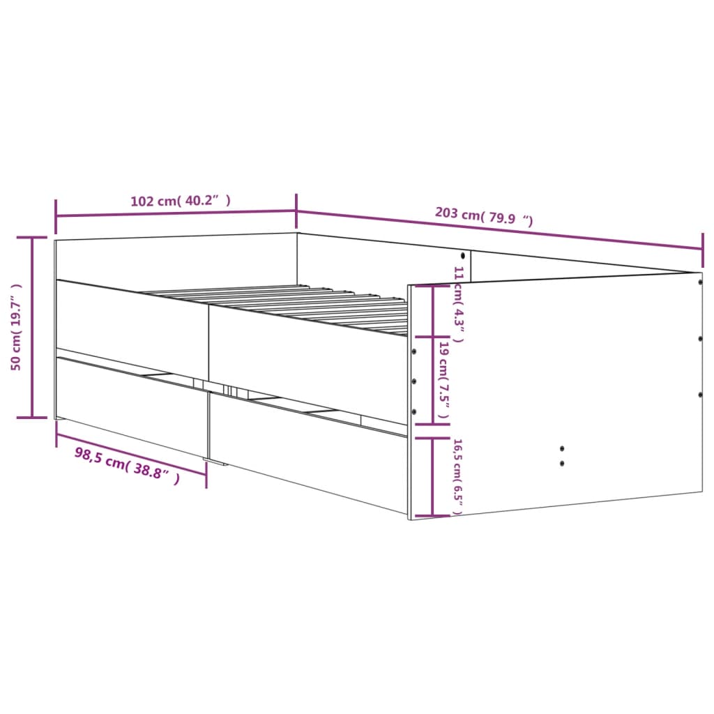 Bed Frame with Drawers without Mattress Smoked Oak 100x200 cm