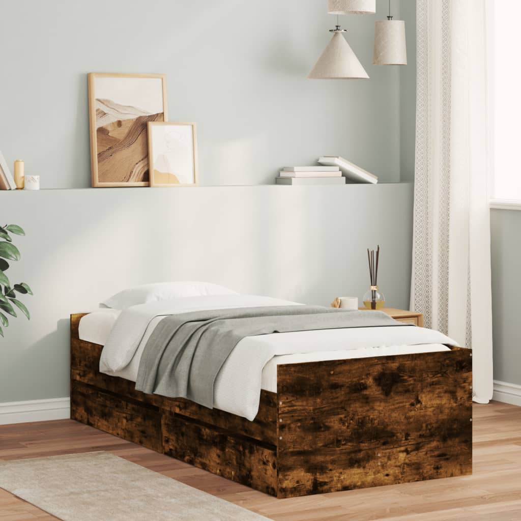 Bed Frame with Drawers without Mattress Smoked Oak 100x200 cm