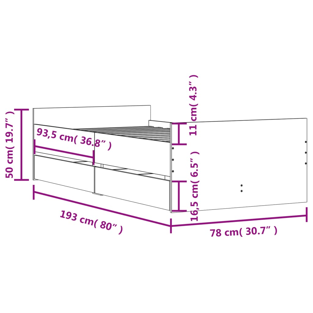 Bed Frame without Mattress Sonoma Oak 75x190 cm Small Single Small Single
