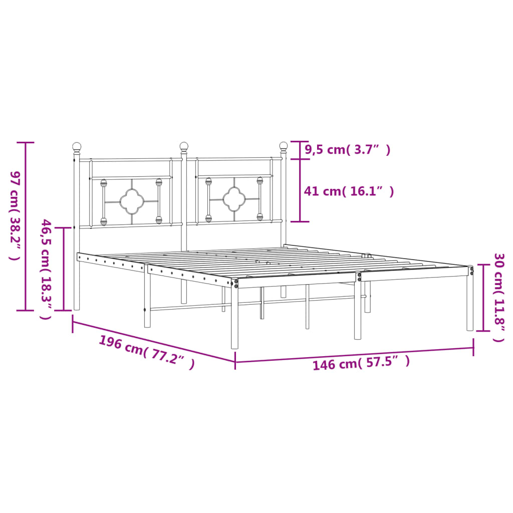 Metal Bed Frame without Mattress with Headboard Black 140x190cm