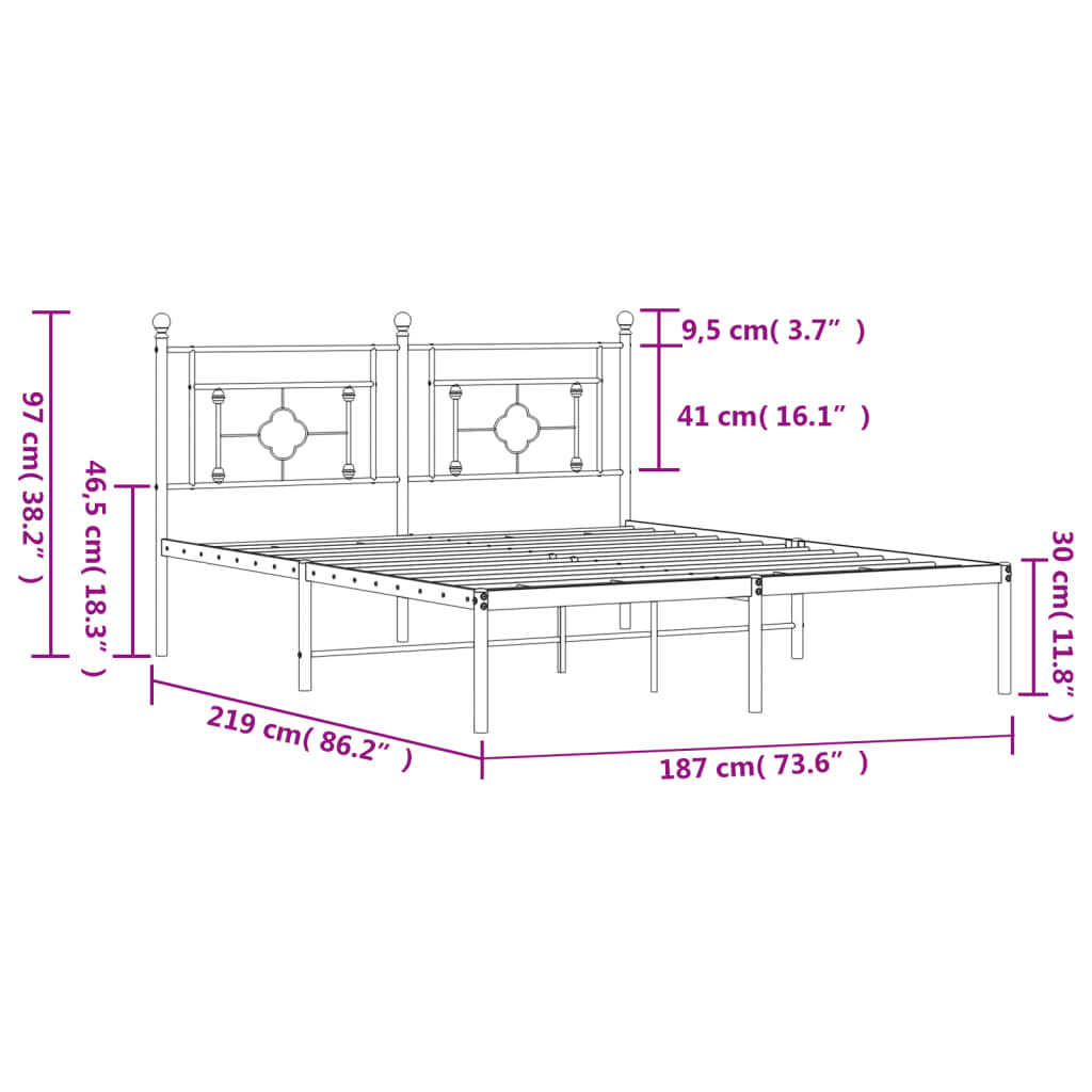 Metal Bed Frame without Mattress with Headboard Black 183x213cm