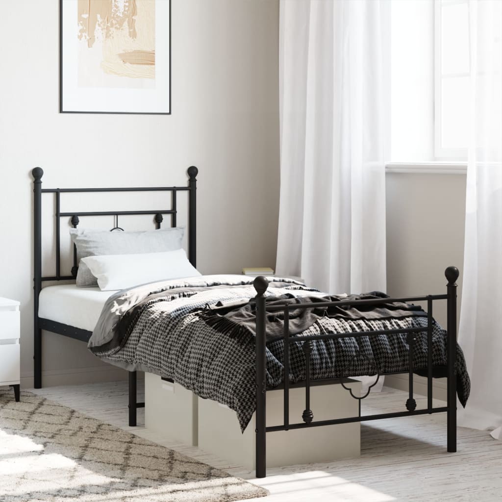 Metal Bed Frame without Mattress with Footboard Black 75x190cm