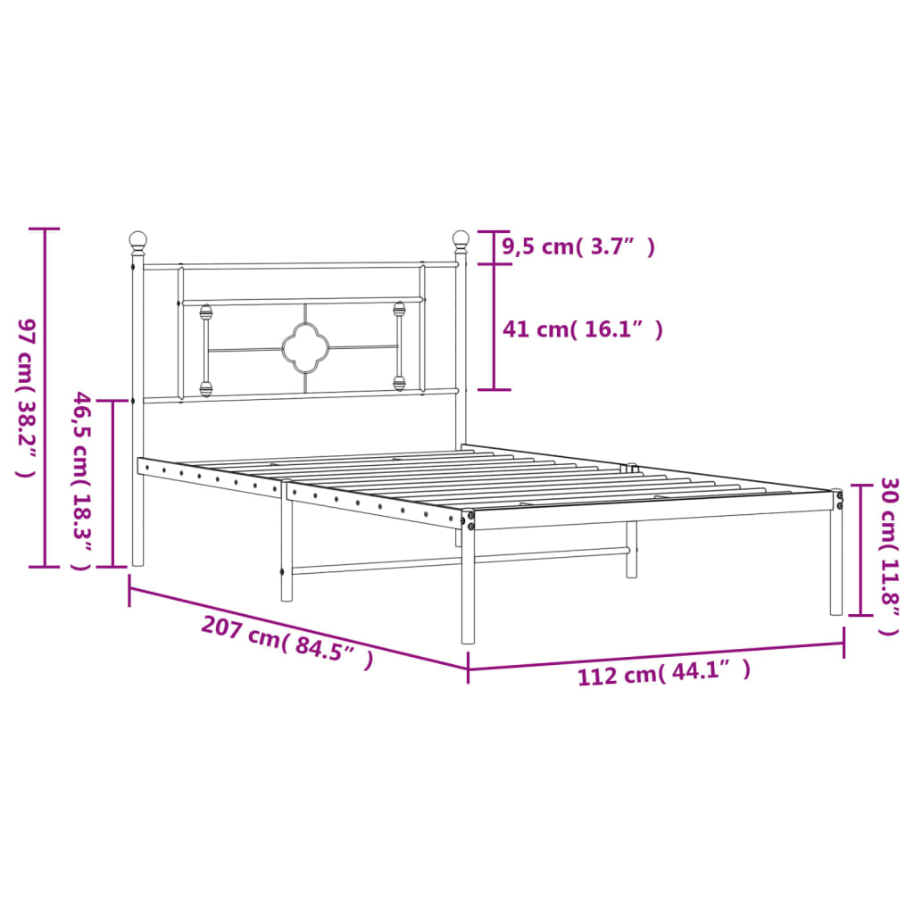 Metal Bed Frame without Mattress with Headboard White 107x203cm