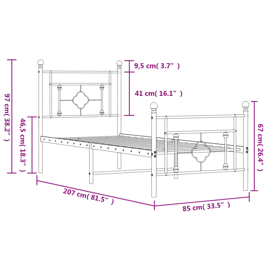 Metal Bed Frame without Mattress with Footboard White 80x200cm