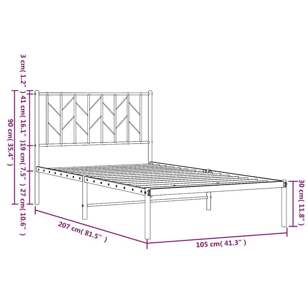 Metal Bed Frame without Mattress with Headboard Black 100x200cm