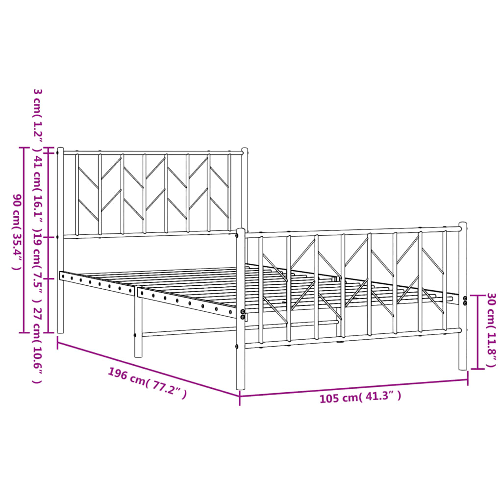 Metal Bed Frame without Mattress with Footboard Black 100x190cm