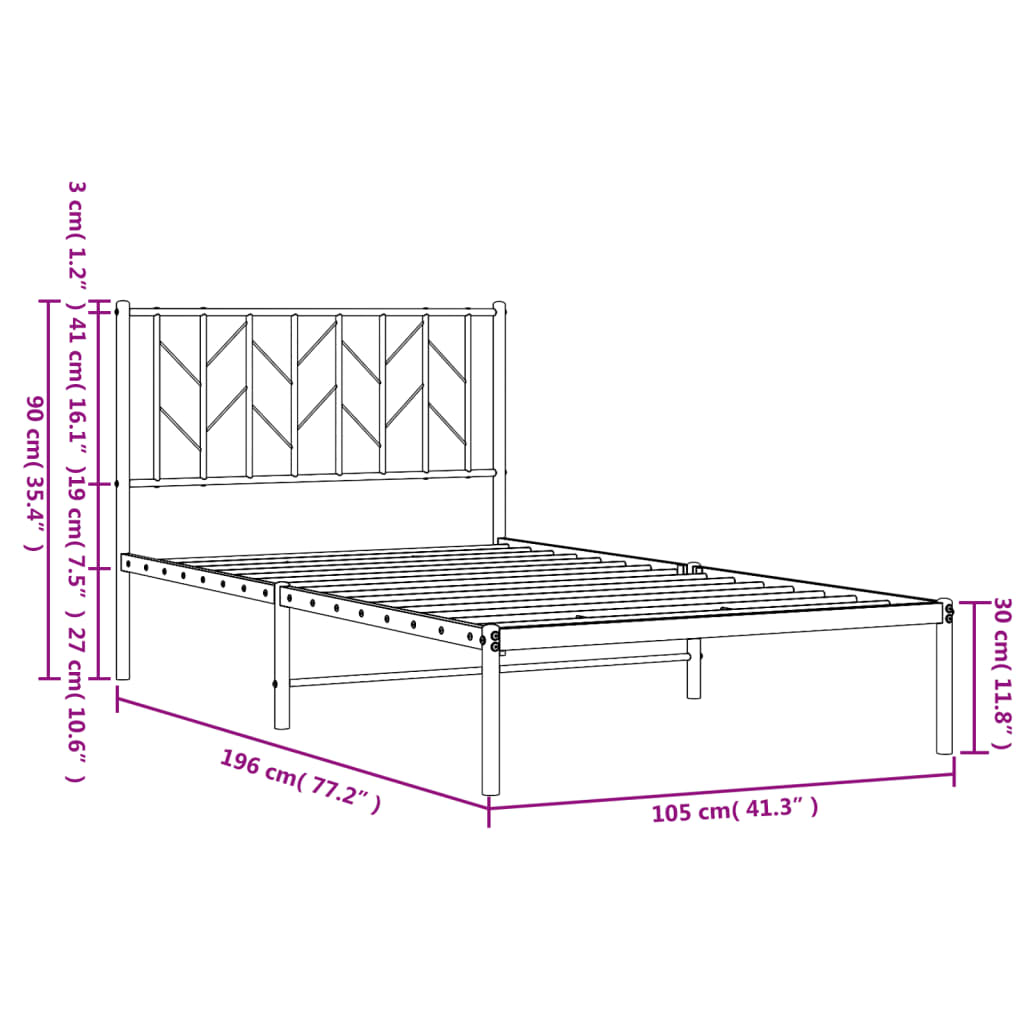 Metal Bed Frame without Mattress with Headboard White 100x190cm
