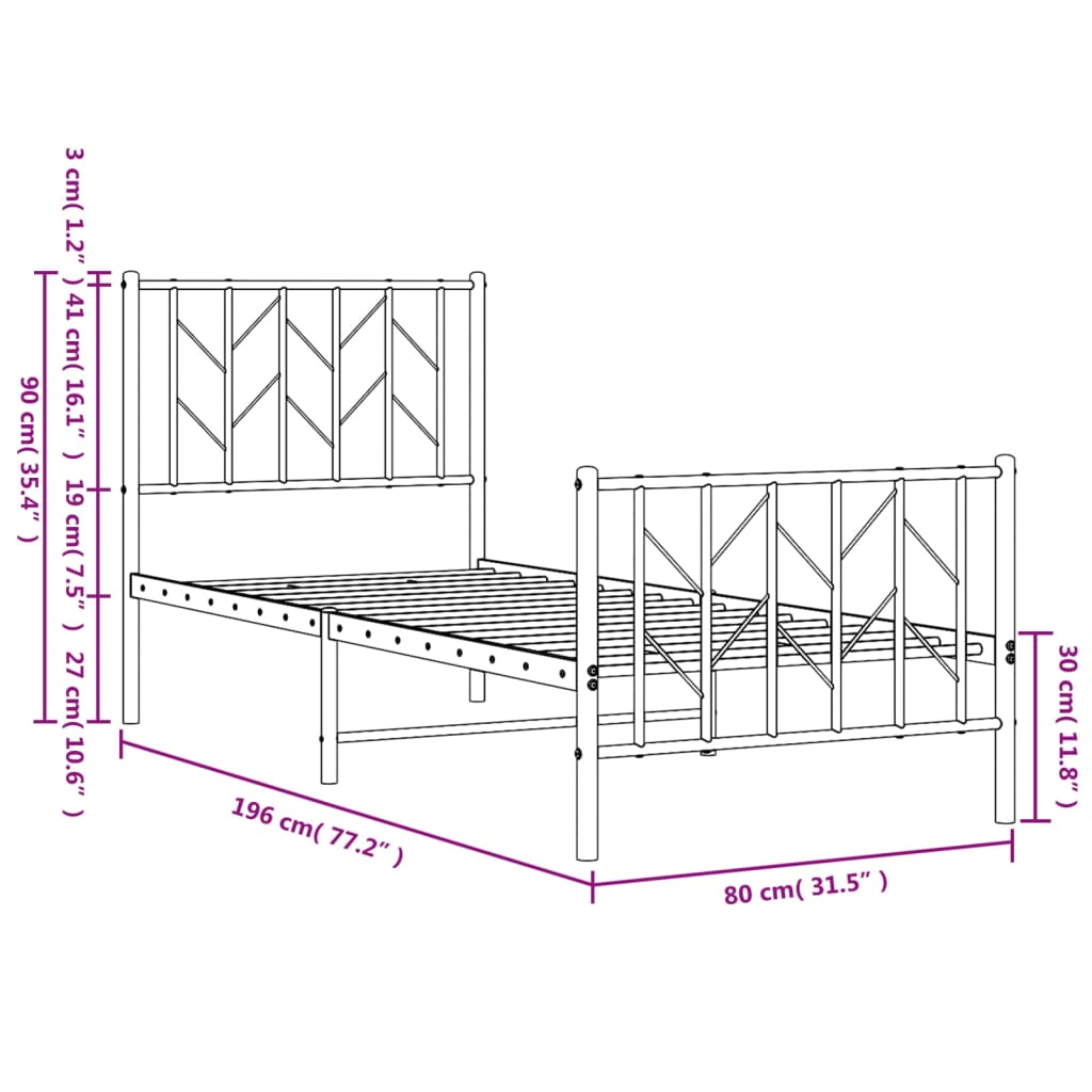 Metal Bed Frame without Mattress with Footboard White 75x190cm