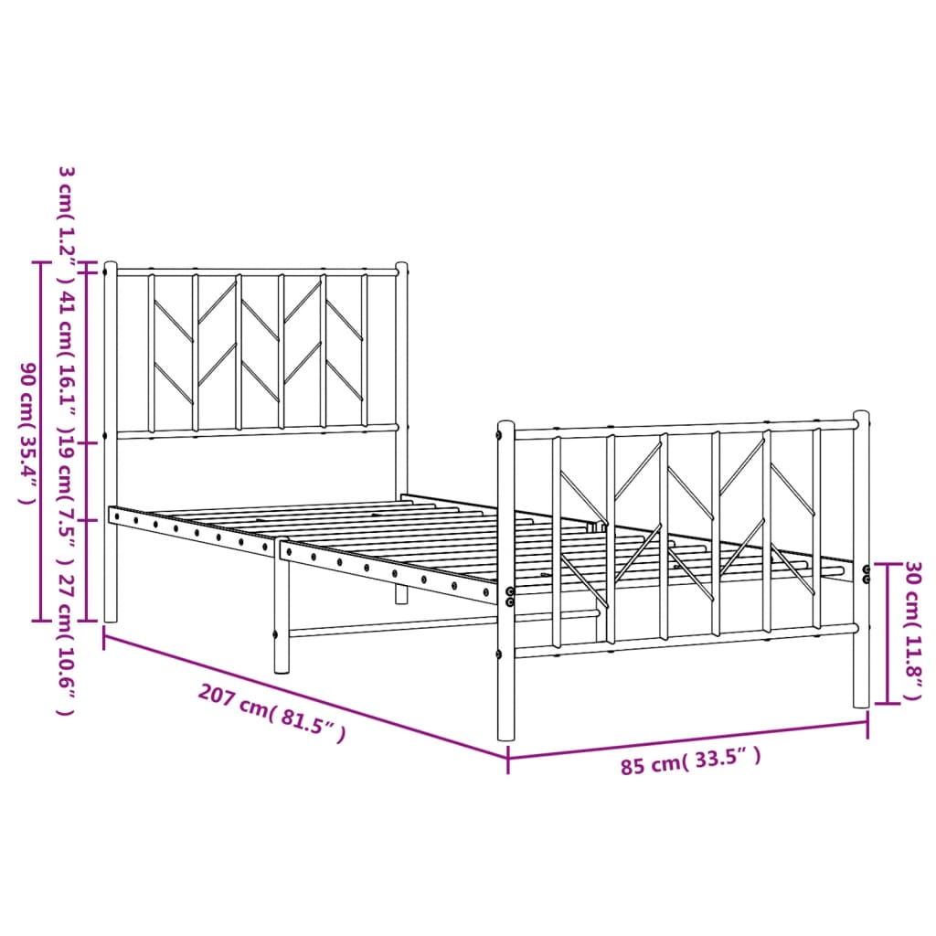 Metal Bed Frame without Mattress with Footboard White 80x200cm
