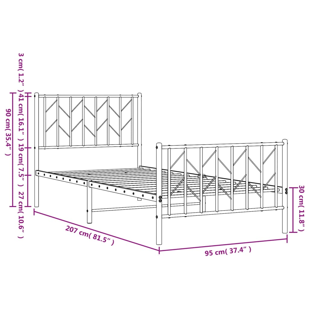 Metal Bed Frame without Mattress with Footboard White 90x200cm