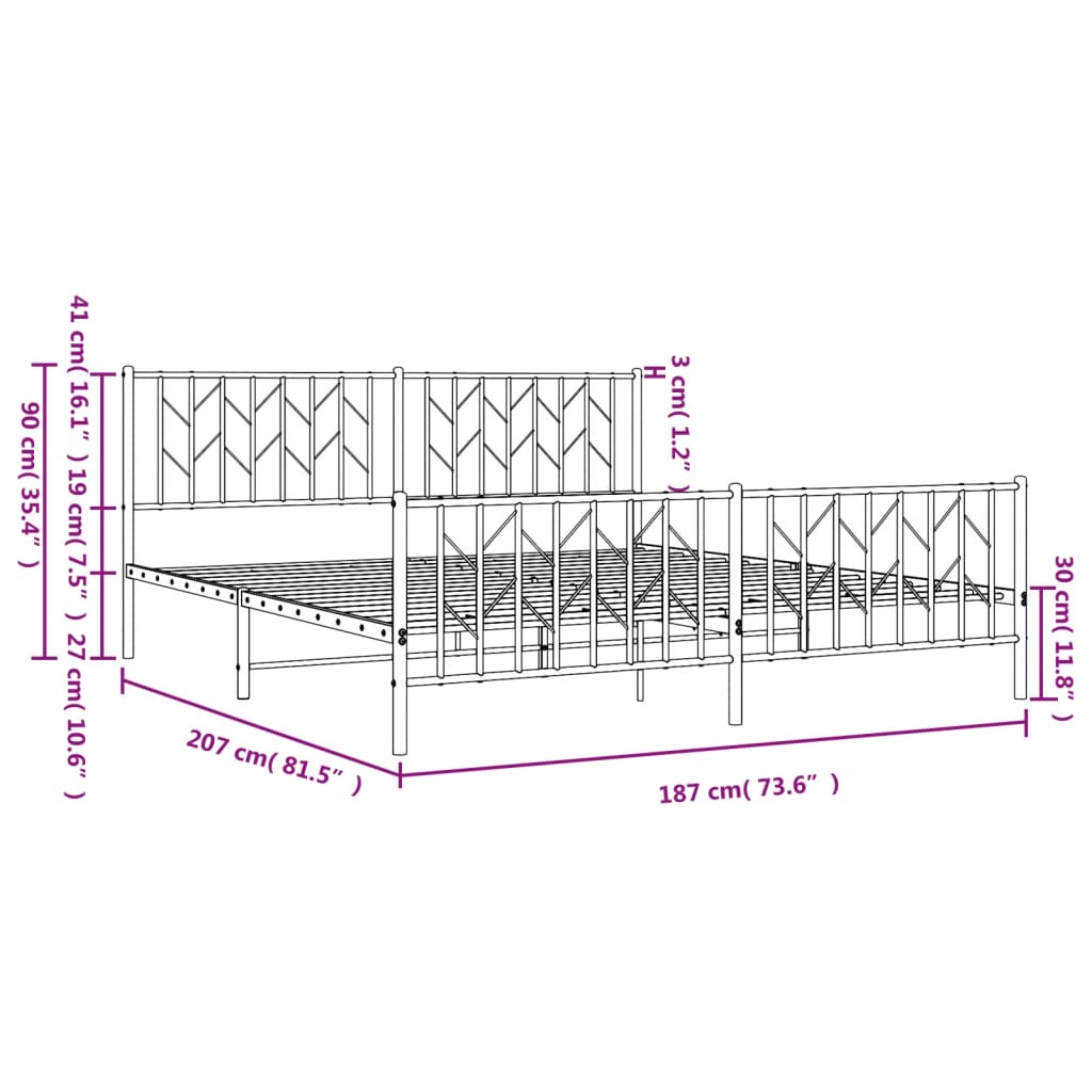Metal Bed Frame without Mattress with Footboard White 180x200cm