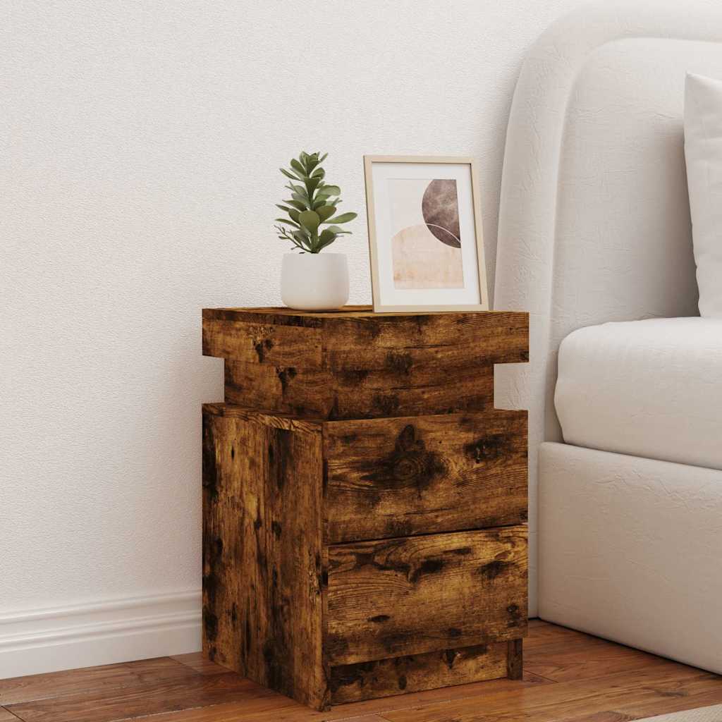 Bedside Cabinet with LED Lights Smoked Oak 35x39x55 cm