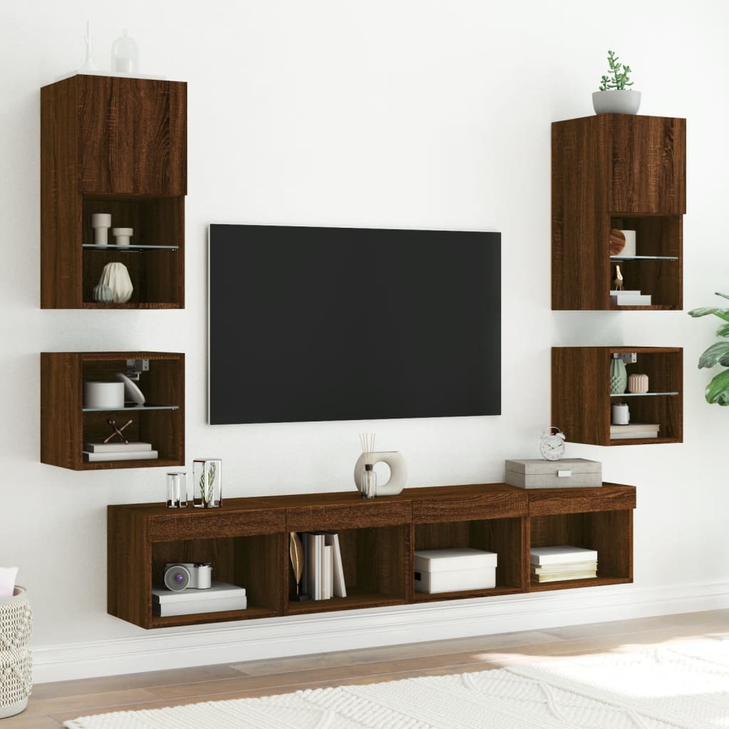 TV Wall Cabinets with LED Lights 2 pcs Brown Oak 30x28.5x30 cm