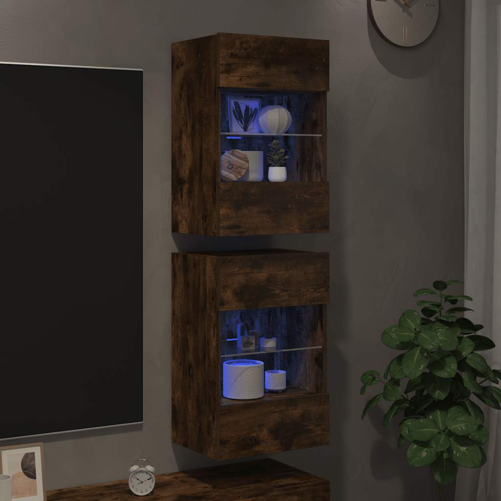 Wall Cabinets with LED Lights for TV 2 pcs Smoked Oak 40x30x60.5 cm